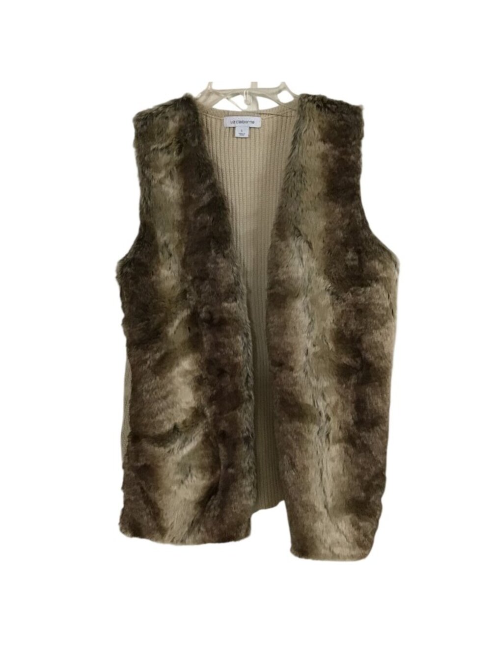 Liz Claiborne Womens Large Faux Fur Brown Beige Open Front Knit Vest